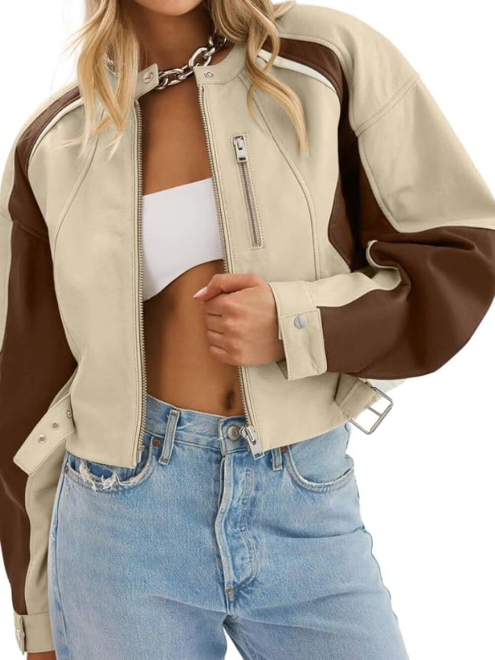 Women's Khaki Faux Leather Comfortable Zip Up Color Block Casual Bomber Jackets